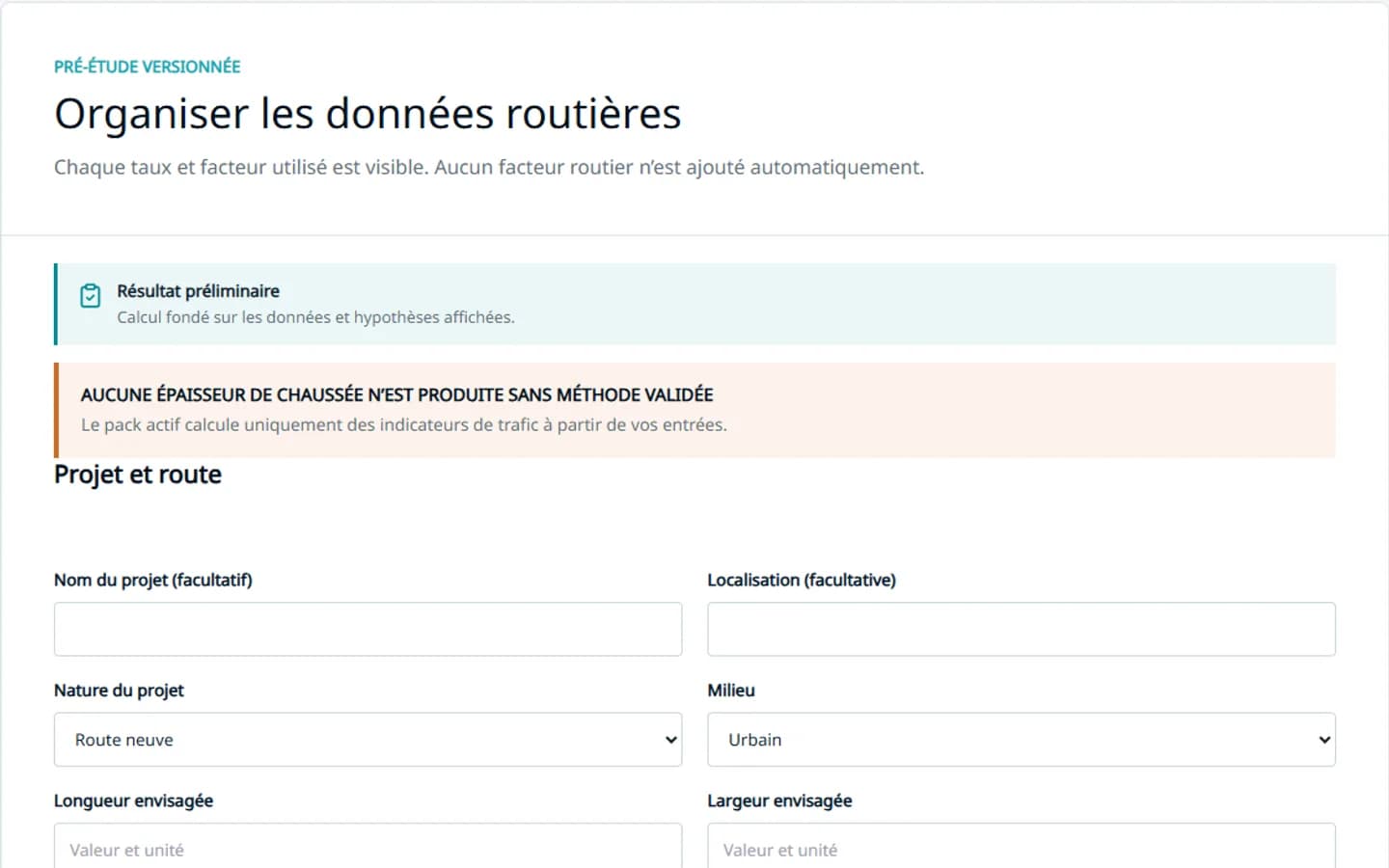 Aperçu de l’interface de l’outil web COREROAD de pré-étude de chaussée.