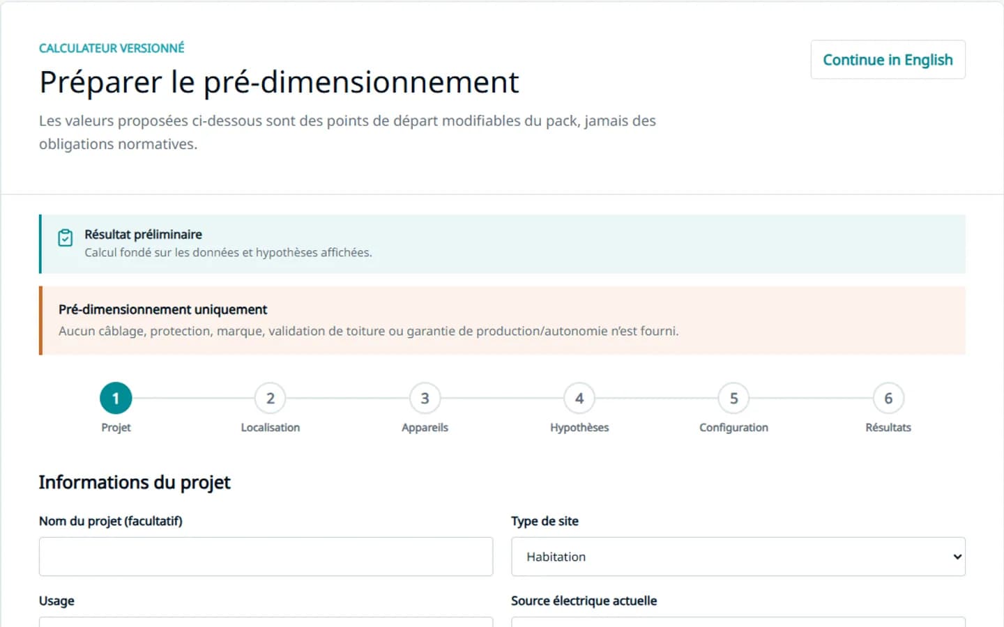 Aperçu de l’interface de l’outil web CORESOLAR de pré-dimensionnement solaire.