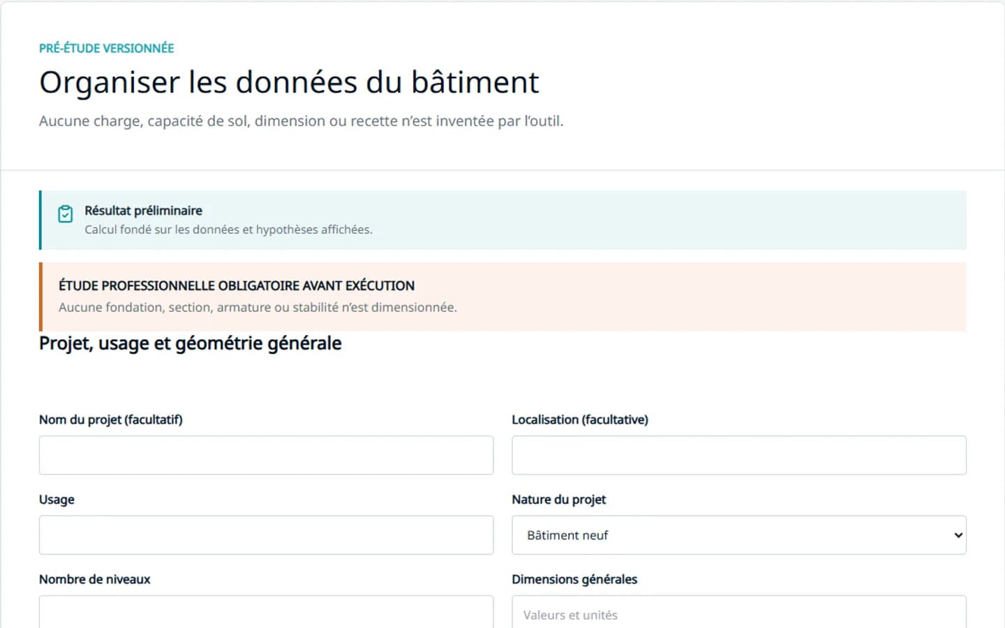 Aperçu de l’interface de l’outil web CORESTRUCT de pré-étude de bâtiment.